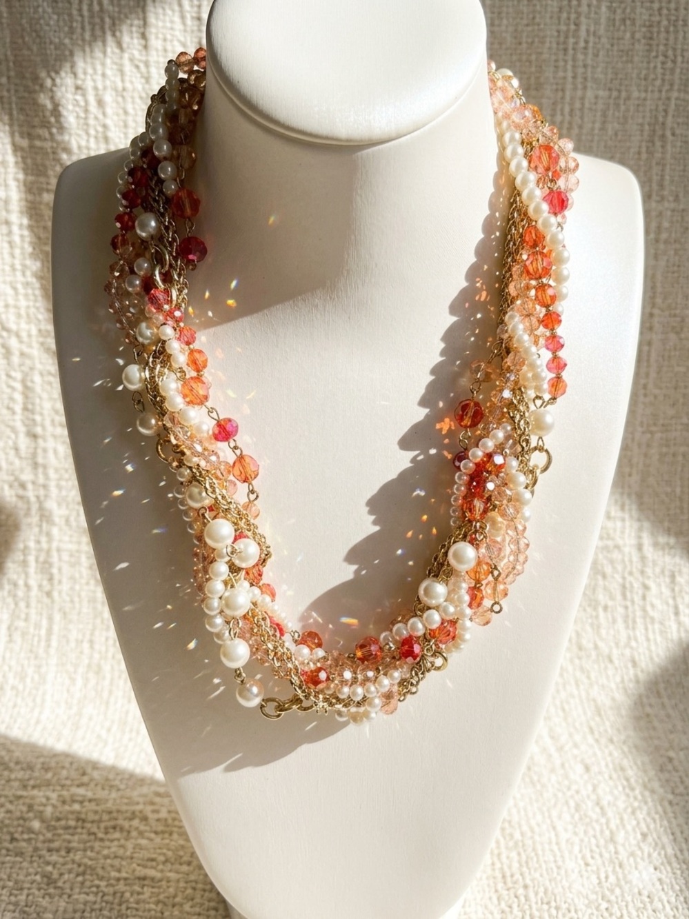 WHBM Multi Strand Faux Pearl Crystal Torsade 16”Necklace Gold Orange Pink Coral